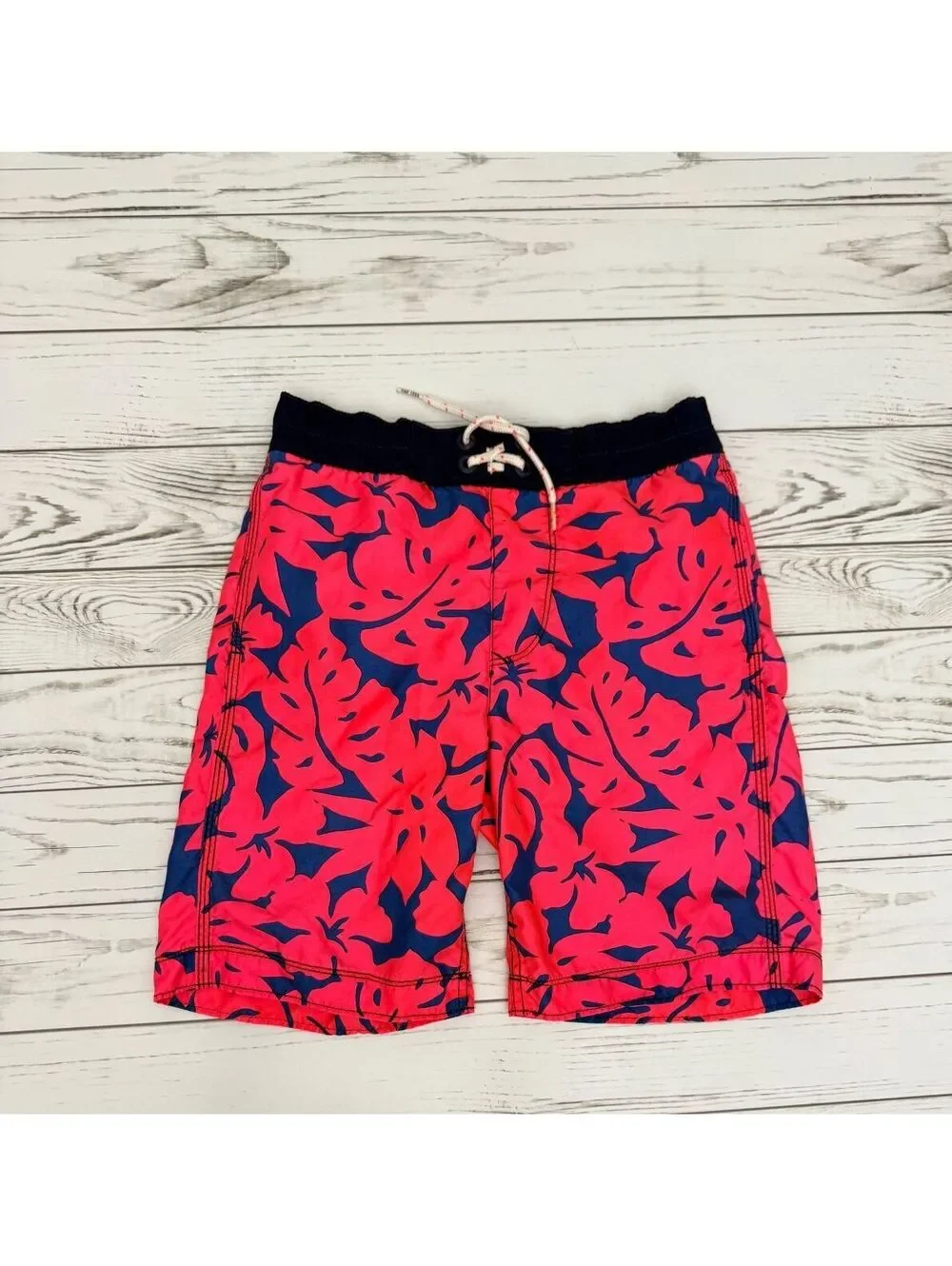 GAP Kids Medium Boys Swim Trunks Navy Blue Red Leaf Print